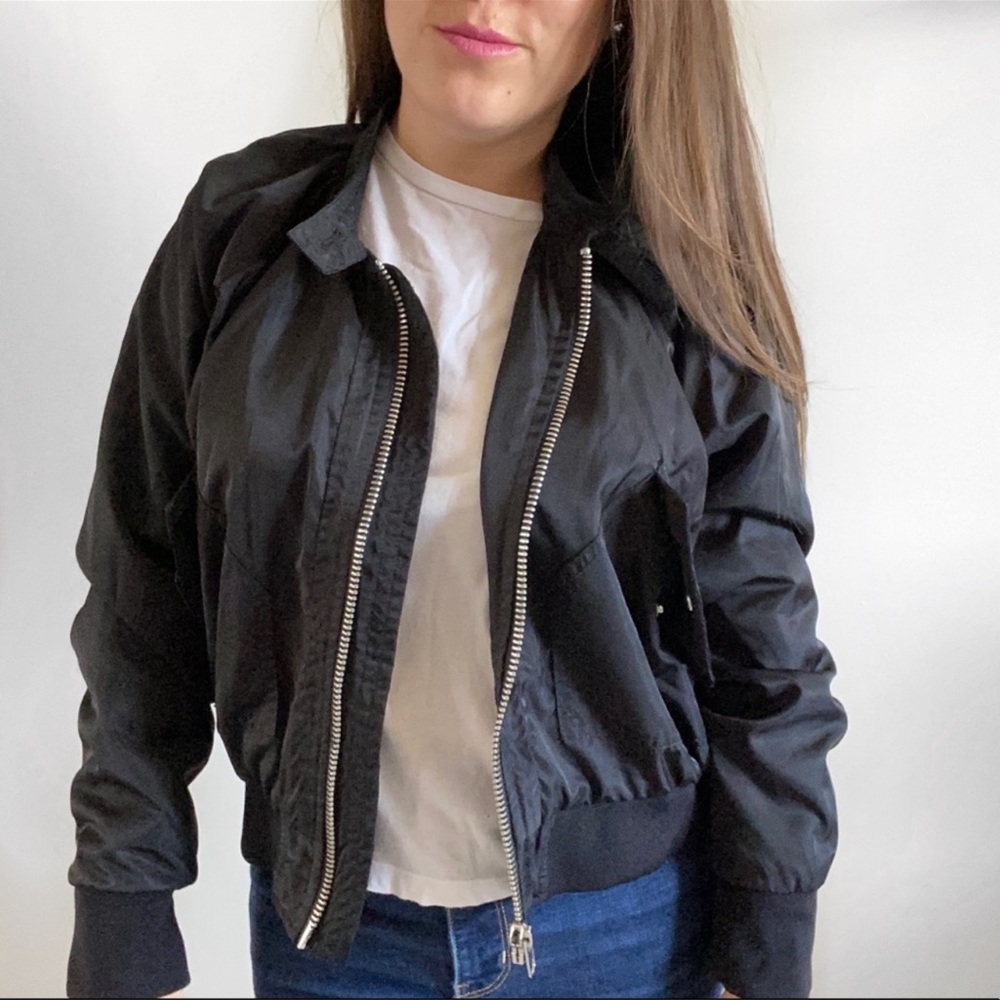 Free People Midnight Bomber Jacket Black Satin Pockets Ribbed Cuffs Size Medium